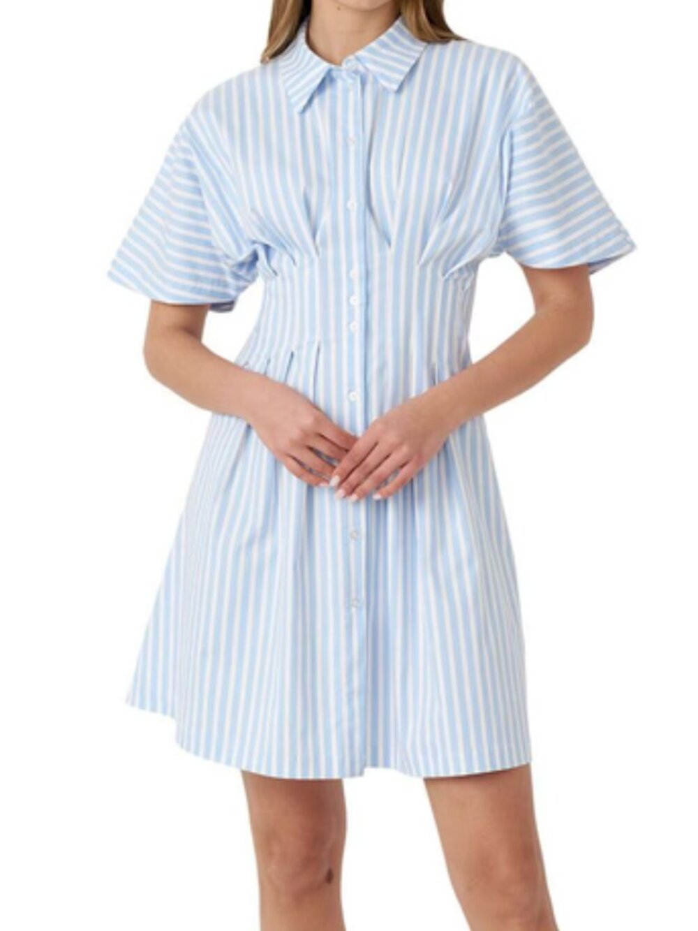 Edited x Hunter McGrady Pleated Shirt Dress Midi Blue White Stripe Size Large NW